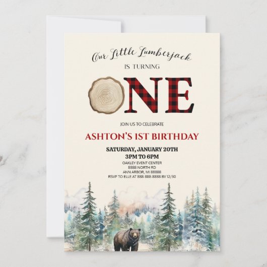 私たちの小さなランバージャックベアーレッドの1番目の誕生日パーティー 招待状 (正面)