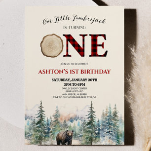 私たちの小さなランバージャックベアーレッドの1番目の誕生日パーティー 招待状