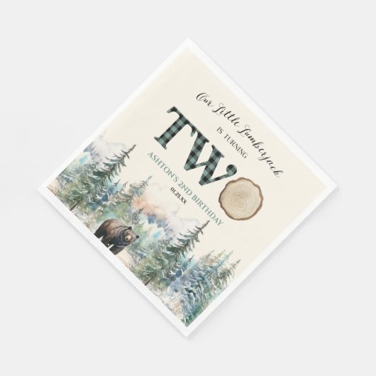 私たちの小さなランバージャックベア第2の誕生日パーティー スタンダードランチョンナプキン (角)