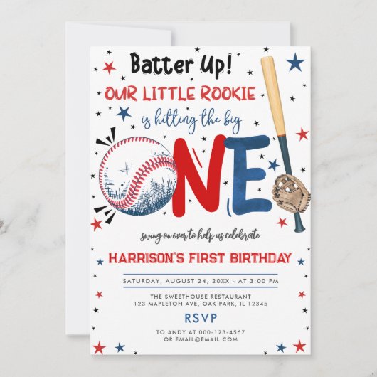 私たちの小さなルーキー野球の初誕生日を打者 招待状 (正面)