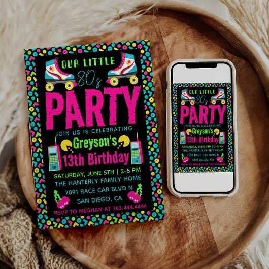 私たちの小さなレトロネオン80の誕生日パーティー 招待状