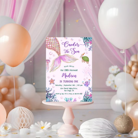私たちの小さな人魚のワンダーザ海の最初の誕生日 招待状
