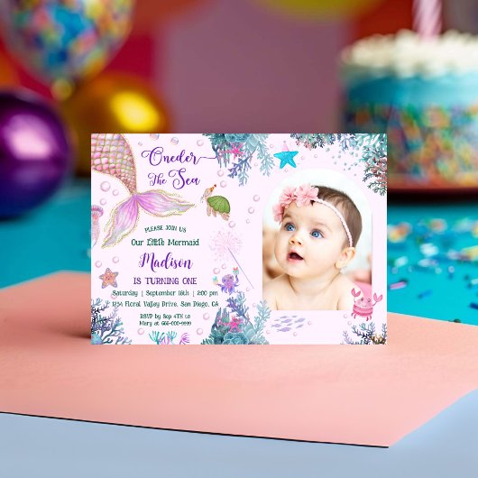 私たちの小さな人魚のワンダーザ海の最初の誕生日 招待状