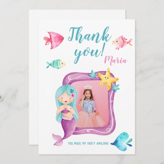 私たちの小さな人魚の写真の誕生日サンキューカード 招待状 (正面/裏面)
