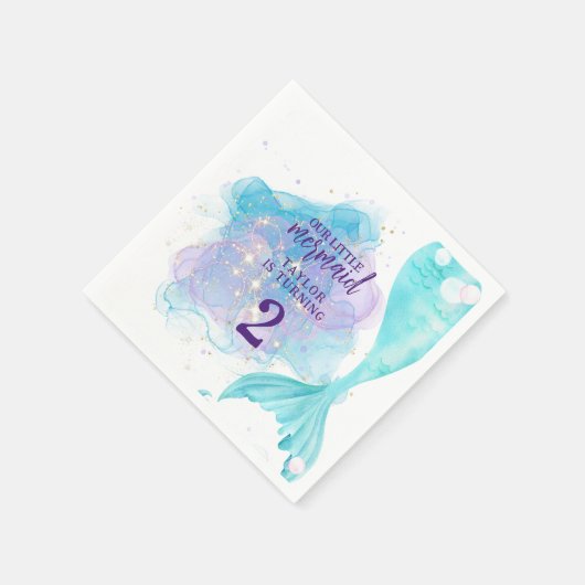 私たちの小さな人魚の写真の誕生日パーティー スタンダードカクテルナプキン (角)