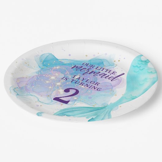 私たちの小さな人魚の写真の誕生日パーティー ペーパープレート (アングル)