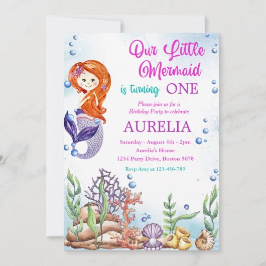 私たちの小さな人魚の女の子1st誕生日パーティー 招待状 (正面)