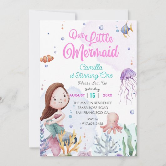 私たちの小さな人魚の女の子1st誕生日パーティー 招待状 (正面)
