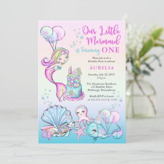 私たちの小さな人魚の女の子1st誕生日パーティー 招待状 (スタンド正面)