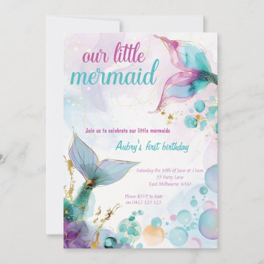 私たちの小さな人魚の海の最初の誕生日 招待状 (正面)