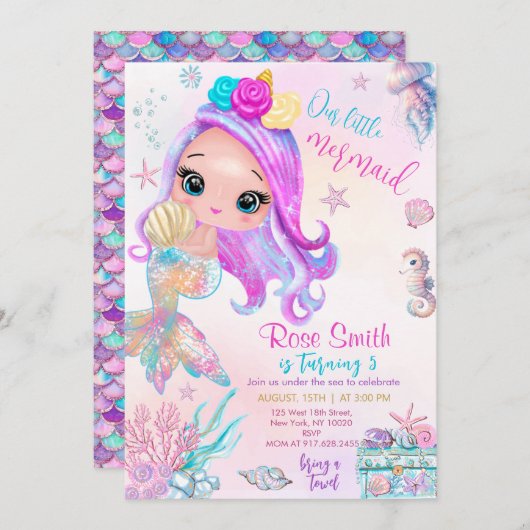 私たちの小さな人魚の誕生日 招待状 (正面/裏面)