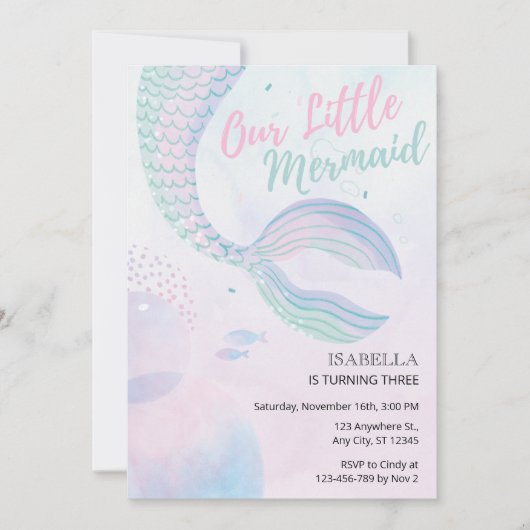 私たちの小さな人魚の魔法の誕生日パーティー 招待状 (正面)