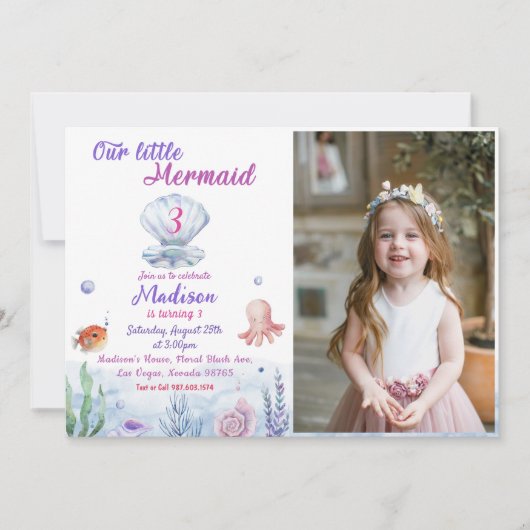 私たちの小さな人魚の3th誕生日パーティーの写真 招待状 (正面)