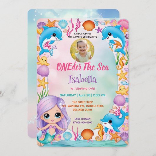 私たちの小さな人魚1st写真の夏の誕生日 招待状 (正面/裏面)
