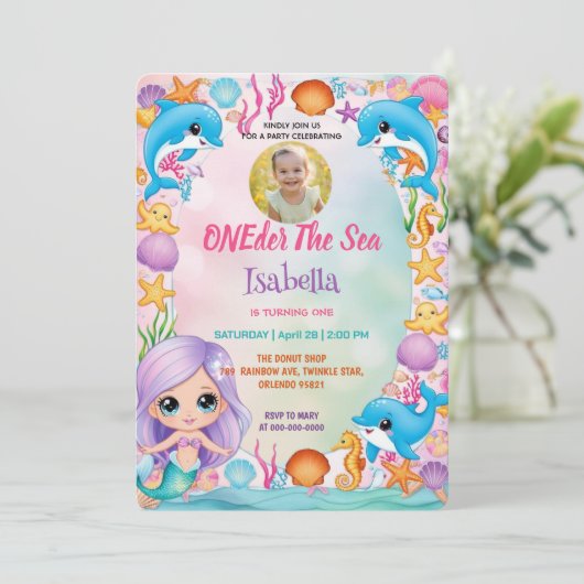 私たちの小さな人魚1st写真の夏の誕生日 招待状 (スタンド正面)