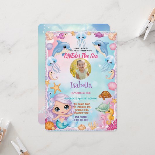 私たちの小さな人魚1st写真の夏の誕生日 招待状 (正面/裏面インサイチュ)
