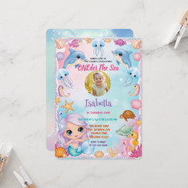 私たちの小さな人魚1st写真の夏の誕生日 招待状