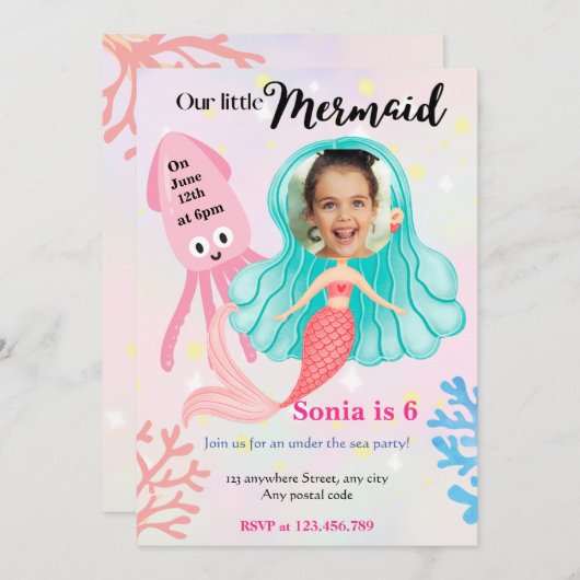 私たちの小さな人魚！海の誕生日の下で 招待状 (正面/裏面)