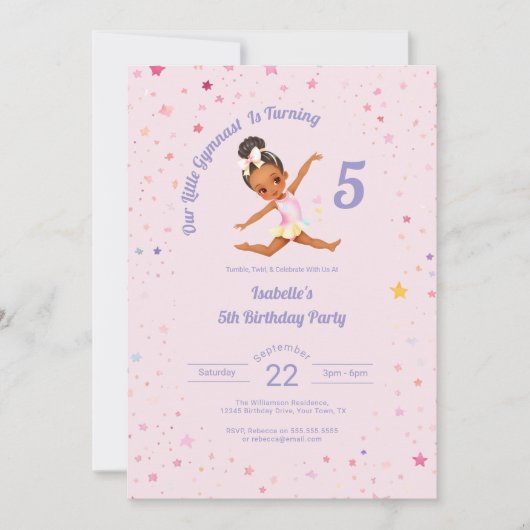 私たちの小さな体操選手は5ピンクの誕生日を回している 招待状 (正面)