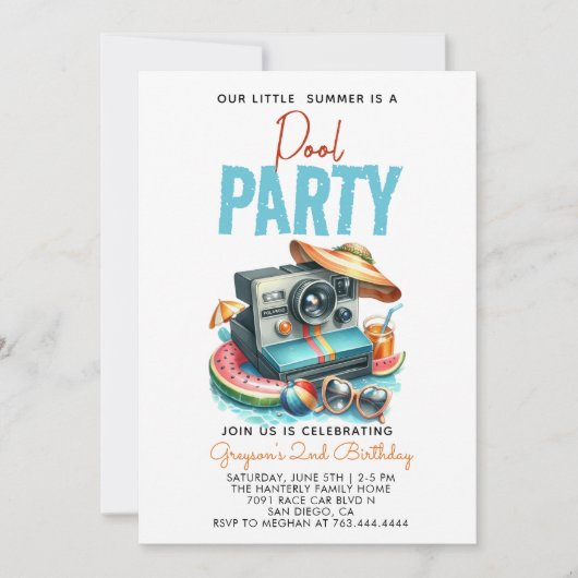 私たちの小さな夏はプールパーティー2歳の誕生日 招待状 (正面)
