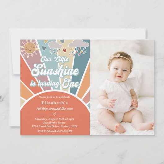 私たちの小さな太陽の光が1歳の誕生日を迎える 招待状 (正面)