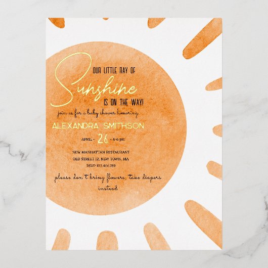 私たちの小さな太陽の光ベイビーシャワー招待 箔シーズンポストカード (正面)