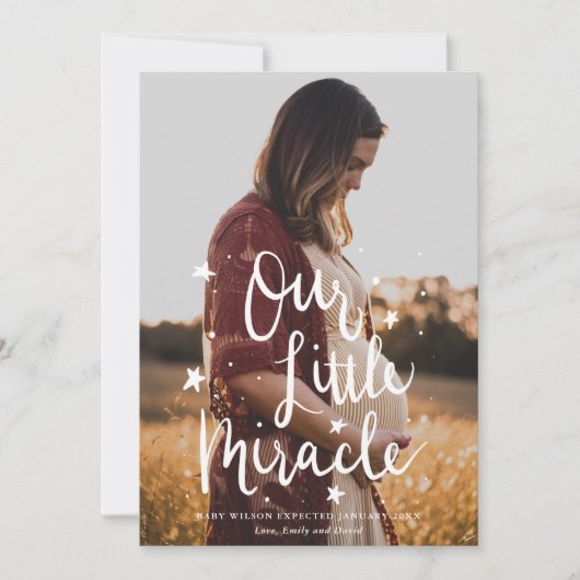私たちの小さな奇跡のタイポグラフィ写真妊娠 案内状 (正面)
