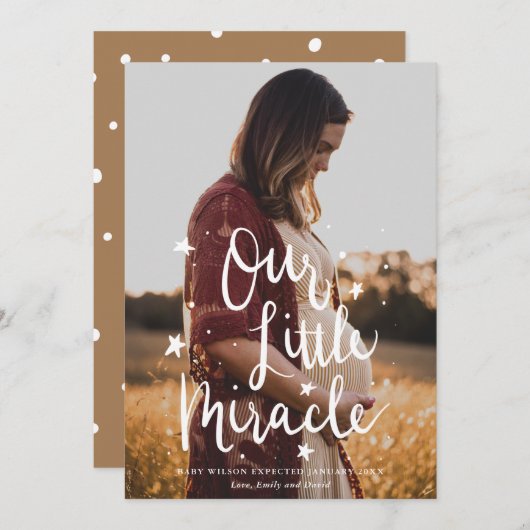 私たちの小さな奇跡のタイポグラフィ写真妊娠 案内状 (正面/裏面)