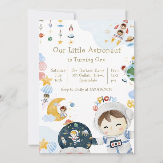 私たちの小さな宇宙飛行士テーマ誕生日パーティー 招待状 (正面)