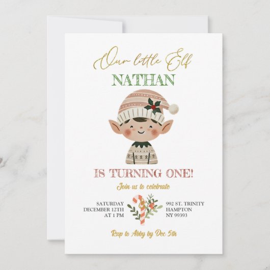 私たちの小さな小妖精や小人クリスマスファースト誕生日ボーイ 招待状 (正面)