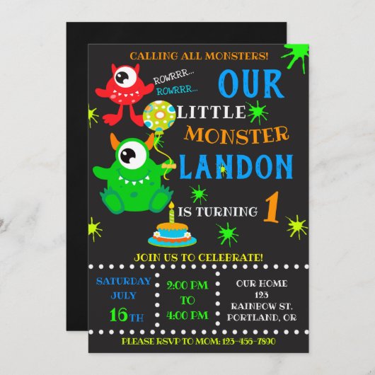 私たちの小さな怪物の誕生日のお招き 招待状 (正面/裏面)