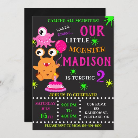 私たちの小さな怪物の誕生日の招待 招待状 (正面/裏面)