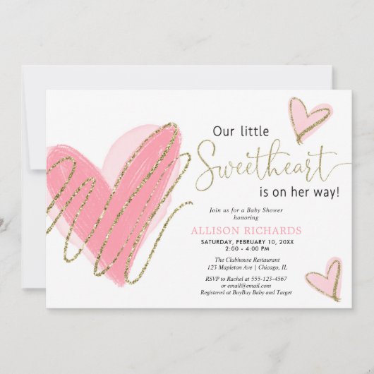 私たちの小さな恋人のバレンタインの女の子の赤ちゃんシャワー 招待状 (正面)