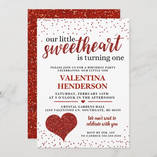 私たちの小さな恋人の最初の誕生日 招待状 (正面/裏面)