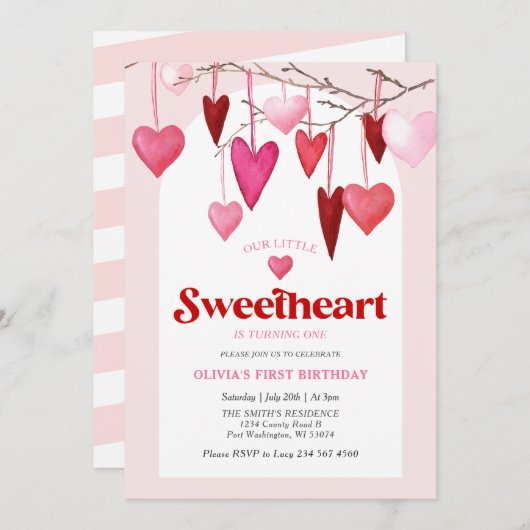 私たちの小さな恋人バレンタインデー1st誕生日パーティー 招待状 (正面/裏面)