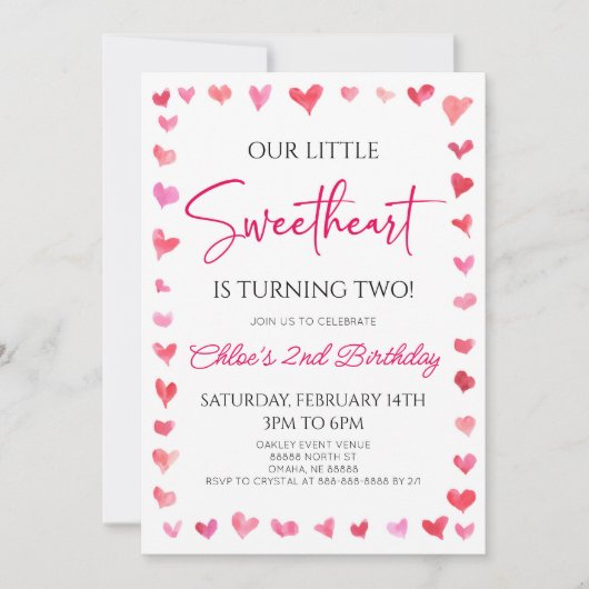 私たちの小さな恋人ピンクハート誕生日パーティー 招待状 (正面)