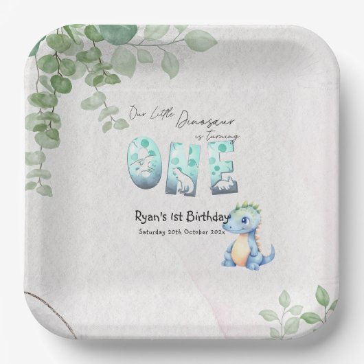 私たちの小さな恐竜が1歳の誕生日を迎える ペーパープレート (正面)