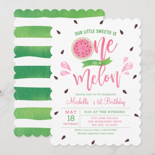 私たちの小さな愛しい子はメロンの中の一人 初めての誕生日 招待状 (正面/裏面)