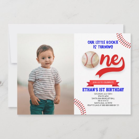 私たちの小さな新人ベースボールワンバースデーパーティー 招待状 (正面)