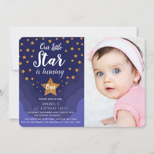 私たちの小さな星かわいい1番目の誕生日の写真 招待状 (正面)