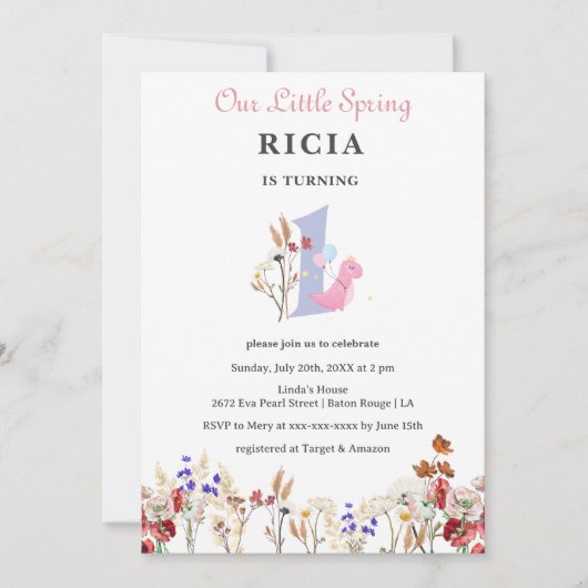 私たちの小さな春ワイルドフラワー1st誕生日 招待状 (正面)