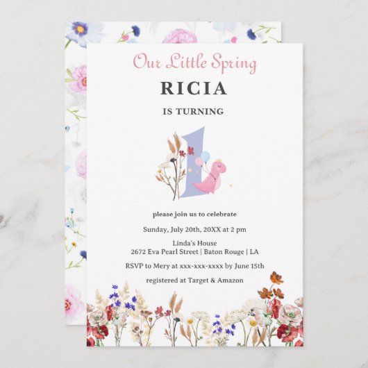 私たちの小さな春ワイルドフラワー1st誕生日 招待状 (正面/裏面)