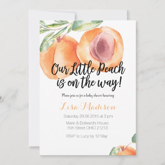 私たちの小さな桃が途中でベビーシャワー招待状 招待状 (正面)