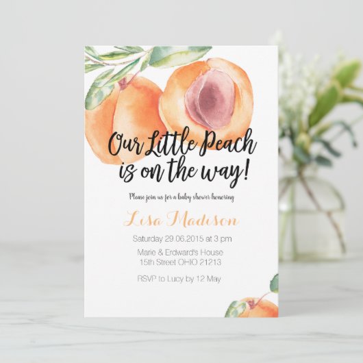 私たちの小さな桃が途中でベビーシャワー招待状 招待状 (スタンド正面)