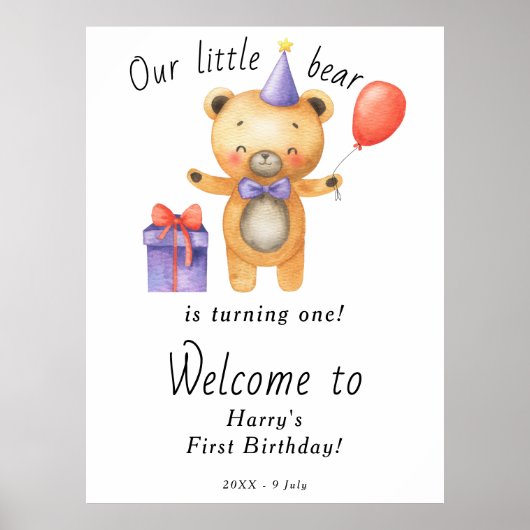 私たちの小さな熊が1歳の誕生日を迎えます 子供の誕生日 ポスター (正面)