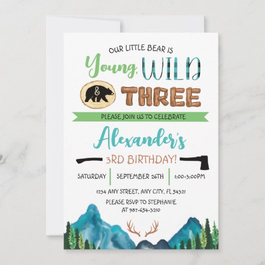 私たちの小さな熊は若く、ワイルドで3歳の誕生日 招待状 (正面)