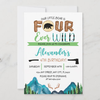 私たちの小さな熊は4歳 Forever Wild 誕生日 招待状