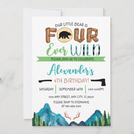 私たちの小さな熊は4歳 Forever Wild 誕生日 招待状 (正面)