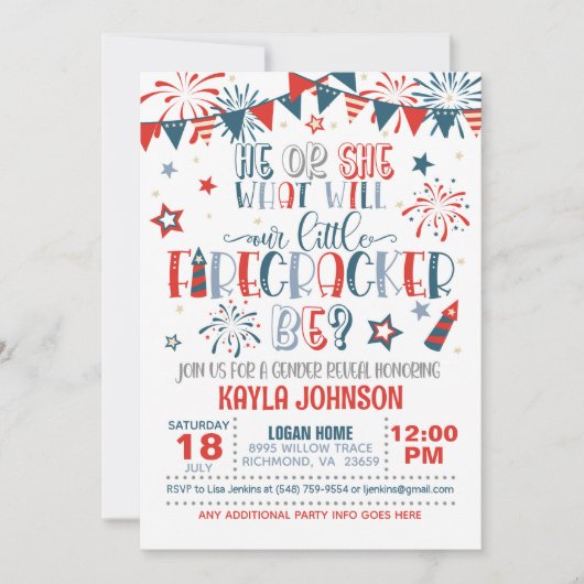私たちの小さな爆竹のジェンダーは、赤ちゃんシャワーを明らかにする 招待状 (正面)