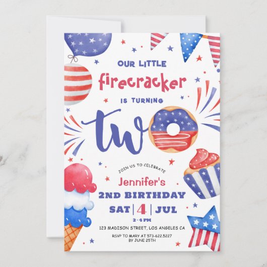 私たちの小さな爆竹の子ども7月2日の誕生日 招待状 (正面)